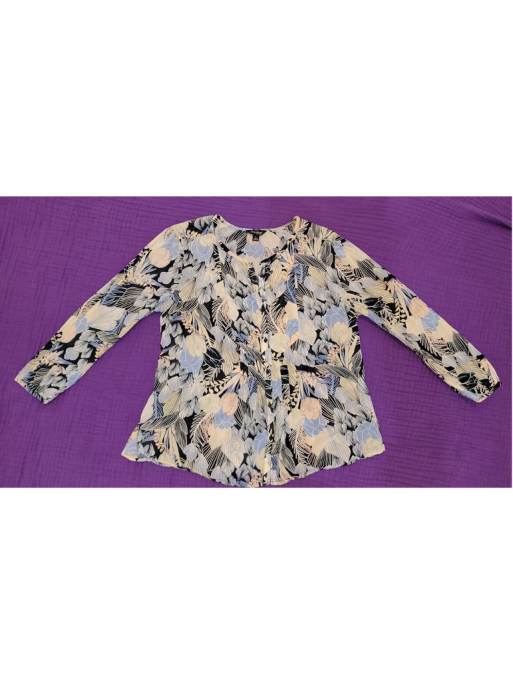 Lucky Brand Women's L 100% Cotton Floral Button Front Peasant Boho Blouse Blue
